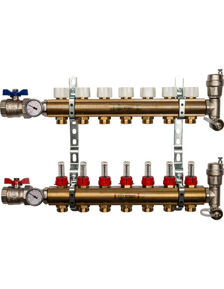 Коллектор STOUT из латуни в сборе с расходомерами 7 вых.