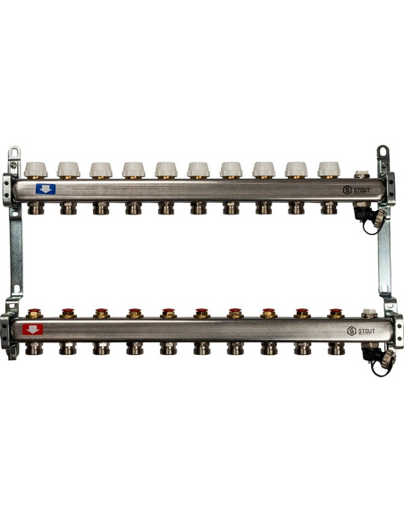 Коллектор STOUT из нержавеющей стали без расходомеров 10 вых. с воздухоотводчиком и сливом