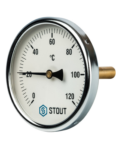 Термометр биметаллический STOUT 100 мм, 0-120ºС погружной, гильза 75 мм