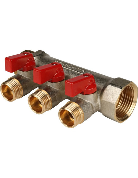 Коллектор с шаровыми кранами STOUT 1", 3 вых. 1/2" (красные ручки)