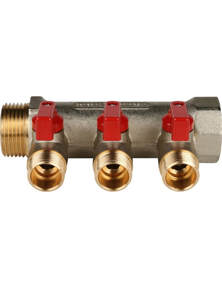 Коллектор с шаровыми кранами STOUT 1", 3 вых. 1/2" (красные ручки)