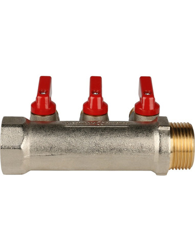 Коллектор с шаровыми кранами STOUT 1", 3 вых. 1/2" (красные ручки)