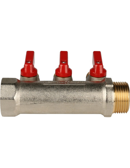 Коллектор с шаровыми кранами STOUT 1", 3 вых. 1/2" (красные ручки)