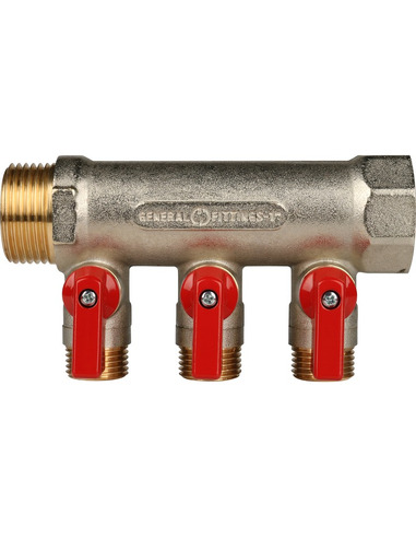 Коллектор с шаровыми кранами STOUT 1", 3 вых. 1/2" (красные ручки)