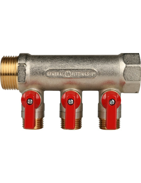 Коллектор с шаровыми кранами STOUT 1", 3 вых. 1/2" (красные ручки)