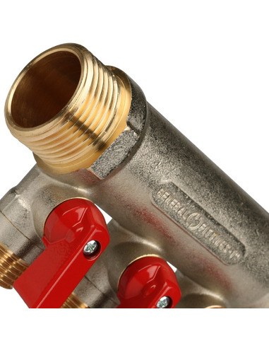 Коллектор с шаровыми кранами STOUT 1", 3 вых. 1/2" (красные ручки)