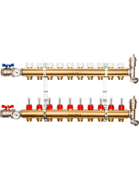 Коллектор STOUT из латуни в сборе с расходомерами 10 вых.