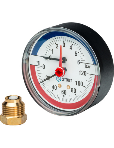Термоманометр STOUT 80 мм, 0-120ºС, 0-6 бар аксиальный