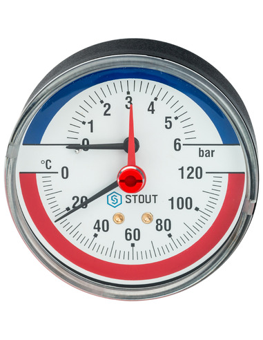 Термоманометр STOUT 80 мм, 0-120ºС, 0-6 бар аксиальный
