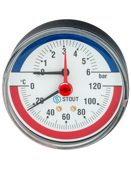 Термоманометр STOUT 80 мм, 0-120ºС, 0-6 бар аксиальный