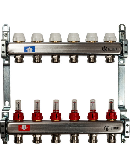 Коллектор STOUT из нержавеющей стали с расходомерами 6 вых.