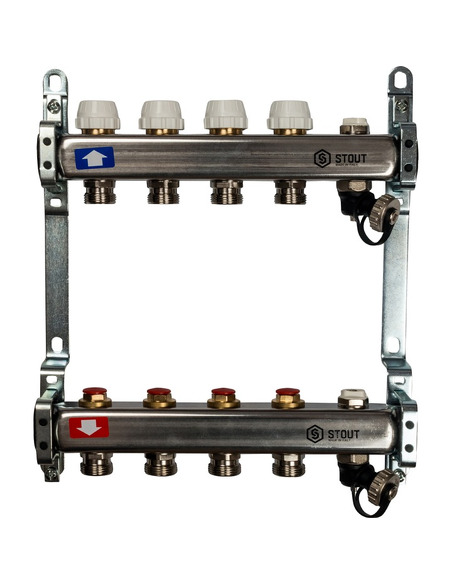 Коллектор STOUT из нержавеющей стали без расходомеров 4 вых. с воздухоотводчиком и сливом