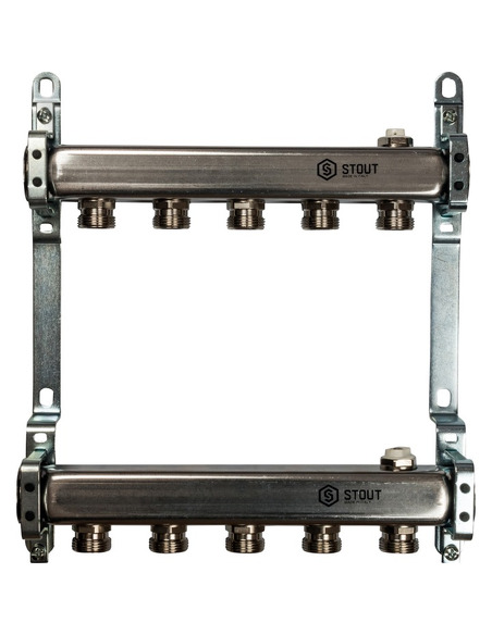 Коллектор STOUT из нержавеющей стали для радиаторной разводки 5 вых. с воздухоотводчиком