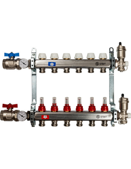 Коллектор STOUT из нержавеющей стали в сборе с расходомерами 6 вых.