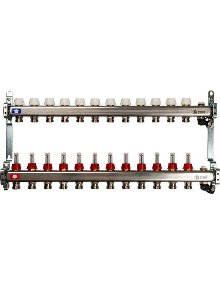 Коллектор STOUT из нержавеющей стали с расходомерами 12 вых. с воздухоотводчиком и сливом