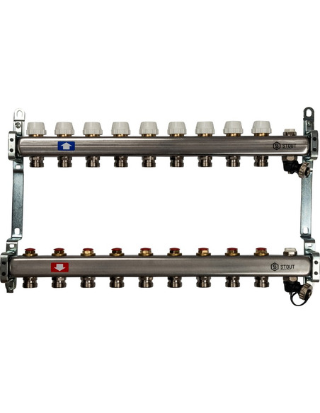 Коллектор STOUT из нержавеющей стали без расходомеров 9 вых. с воздухоотводчиком и сливом