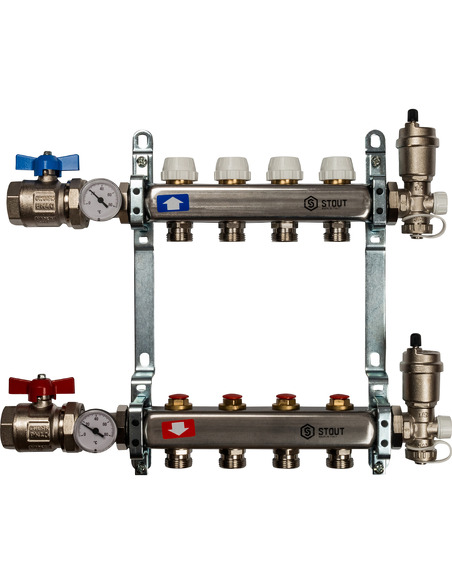 Коллектор STOUT из нержавеющей стали в сборе без расходомеров 4 вых.