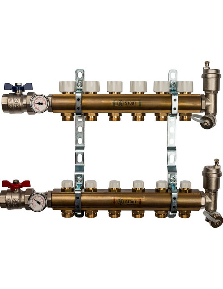 Коллектор STOUT из латуни в сборе без расходомеров 6 вых.