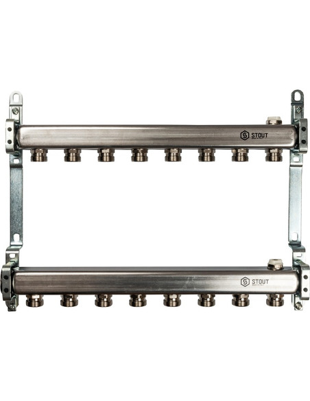Коллектор STOUT из нержавеющей стали для радиаторной разводки 8 вых. с воздухоотводчиком