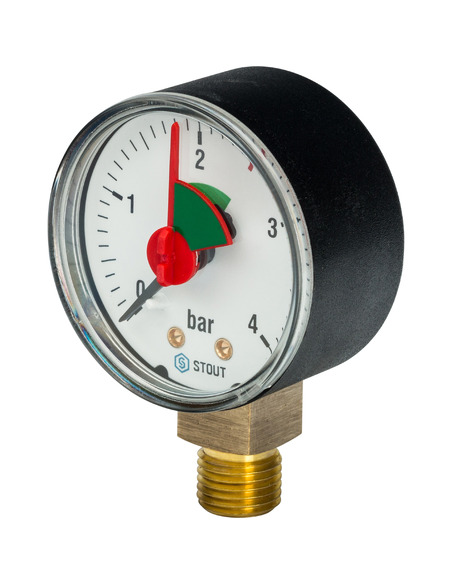 Манометр STOUT 50 мм, 1/4", 0-4 бар, радиальный с указателем предела