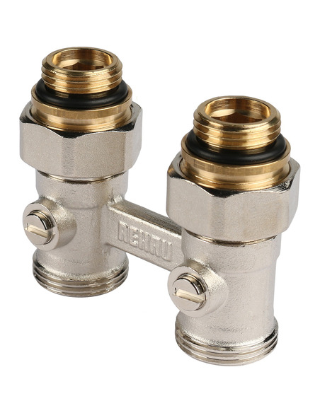 Блок шаровых кранов РЕХАУ G1/2" x G3/4" прямой с соединительным ниппелем Блок шаровых кранов РЕХАУ G1/2" x G3/4" прямой с соединительным ниппелем