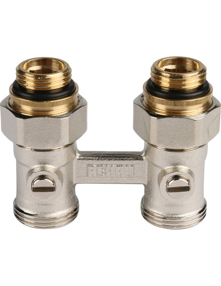 Блок шаровых кранов РЕХАУ G1/2" x G3/4" прямой с соединительным ниппелем Блок шаровых кранов РЕХАУ G1/2" x G3/4" прямой с соединительным ниппелем