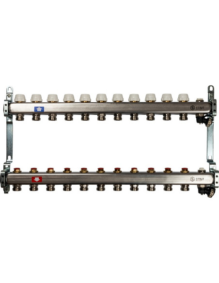 Коллектор STOUT из нержавеющей стали без расходомеров 11 вых. с воздухоотводчиком и сливом