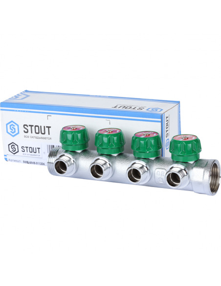 Коллектор регулирующий STOUT 1", 4 вых. 1/2" плоское уплотнение