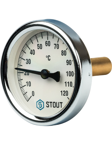 Термометр биметаллический STOUT 63 мм, 0-120ºС погружной, гильза 50 мм резьба с самоуплотнением