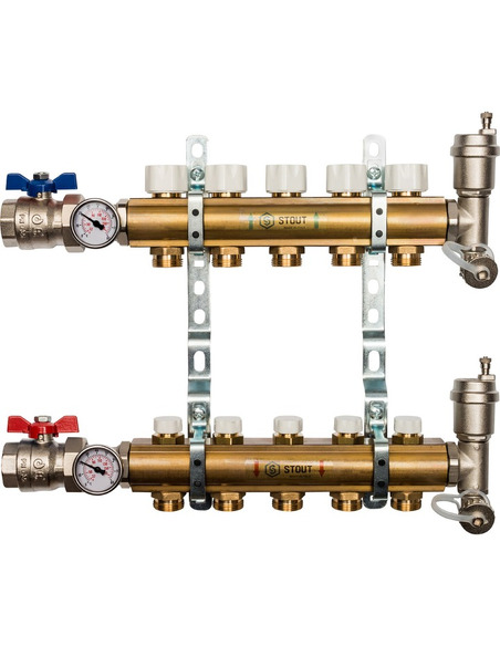 Коллектор STOUT из латуни в сборе без расходомеров 5 вых.