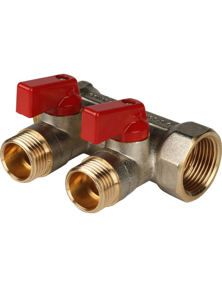Коллектор с шаровыми кранами STOUT 3/4", 2 вых. 1/2" (красные ручки)