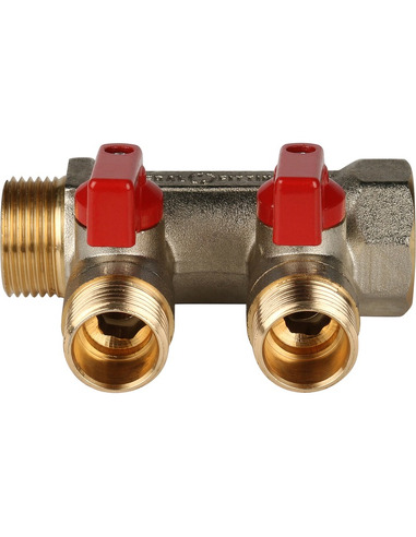 Коллектор с шаровыми кранами STOUT 3/4", 2 вых. 1/2" (красные ручки)