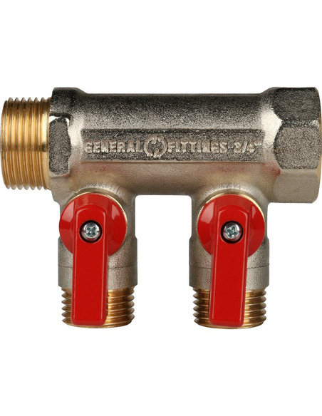 Коллектор с шаровыми кранами STOUT 3/4", 2 вых. 1/2" (красные ручки)