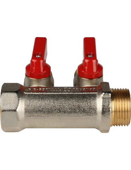Коллектор с шаровыми кранами STOUT 3/4", 2 вых. 1/2" (красные ручки)