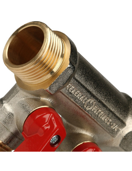 Коллектор с шаровыми кранами STOUT 3/4", 2 вых. 1/2" (красные ручки)