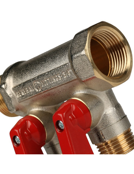Коллектор с шаровыми кранами STOUT 3/4", 2 вых. 1/2" (красные ручки)