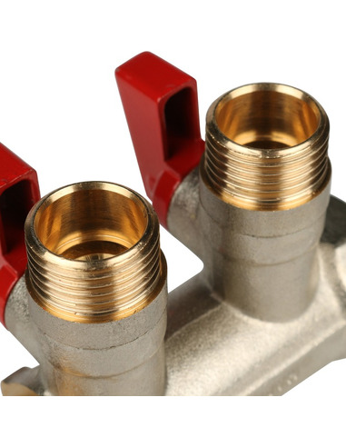 Коллектор с шаровыми кранами STOUT 3/4", 2 вых. 1/2" (красные ручки)
