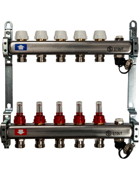 Коллектор STOUT из нержавеющей стали с расходомерами 5 вых. с воздухоотводчиком и сливом