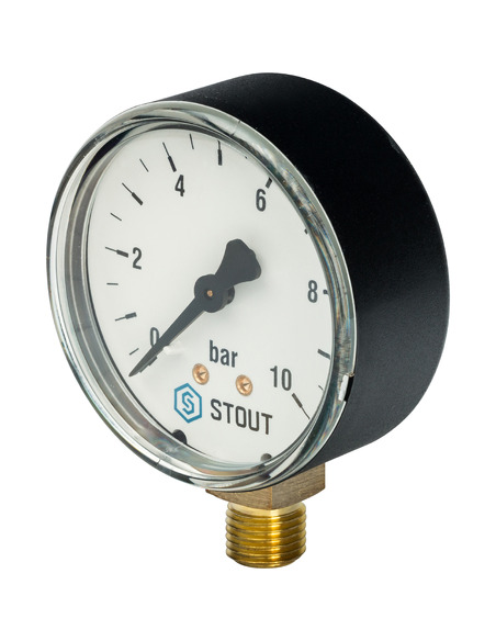 Манометр STOUT 63 мм, 1/4", 0-10 бар, радиальный Манометр STOUT 63 мм, 1/4", 0-10 бар, радиальный