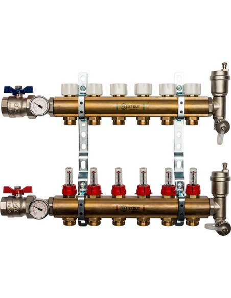Коллектор STOUT из латуни в сборе с расходомерами 6 вых.