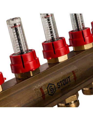 Коллектор STOUT из латуни в сборе с расходомерами 6 вых.