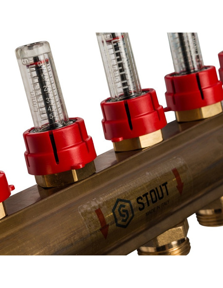 Коллектор STOUT из латуни в сборе с расходомерами 6 вых.