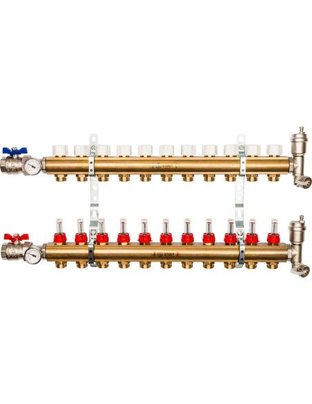 Коллектор STOUT из латуни в сборе с расходомерами 11 вых.