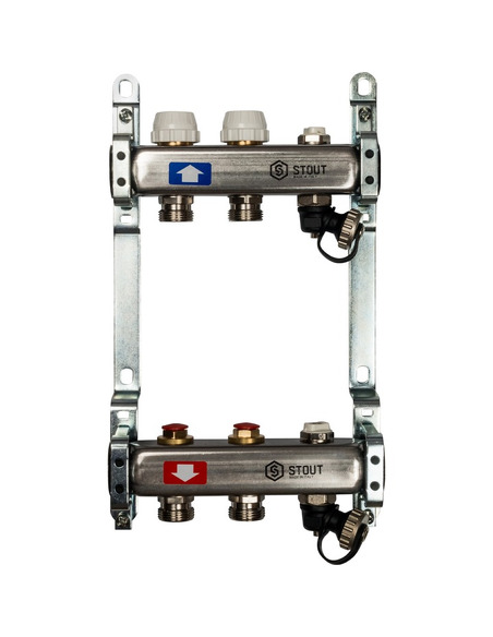 Коллектор STOUT из нержавеющей стали без расходомеров 2 вых. с воздухоотводчиком и сливом