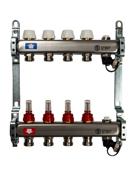 Коллектор STOUT из нержавеющей стали с расходомерами 4 вых. с воздухоотводчиком и сливом
