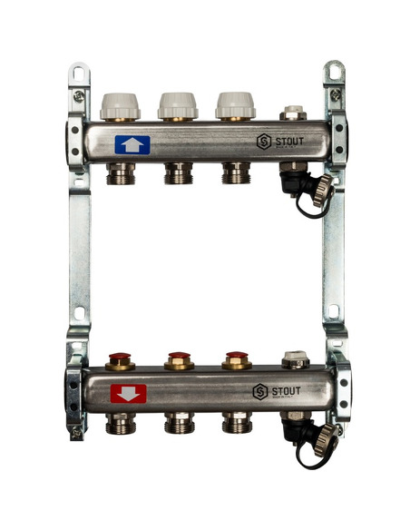 Коллектор STOUT из нержавеющей стали без расходомеров 3 вых. с воздухоотводчиком и сливом