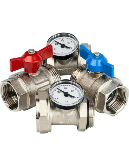 Комплект прямых шаровых кранов STOUT с термометрами 1”