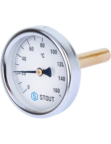 Термометр биметаллический STOUT 63 мм, 0-160ºС погружной, гильза 75 мм