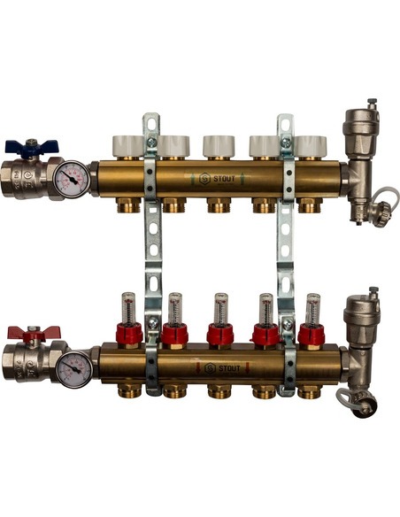 Коллектор STOUT из латуни в сборе с расходомерами 5 вых.