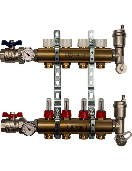 Коллектор STOUT из латуни в сборе с расходомерами 4 вых.
